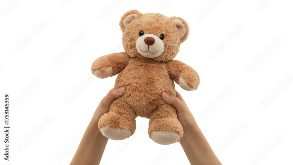 Obraz premium soft brown teddy bear held up high by two hands. Isolated on transparent background, png