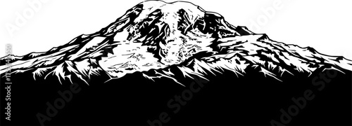 Mt rainier silhouette. This image highlights a bold black silhouette of Mount Rainier with its sharp peaks and snow-covered contours. Vector black clipart illustration design