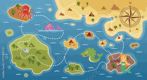 Colorful Cartoon Treasure Map with Islands and Sea Creatures.