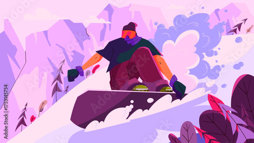 Dynamic vector illustration of a snowboarder riding down a snowy mountain. Winter sports scene with colorful design, action movement, and cool modern style