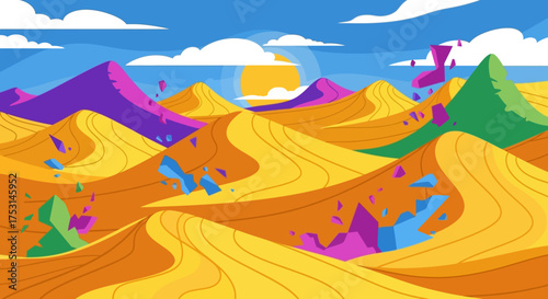 Colorful Desert Landscape with Sand Dunes and Mountains.