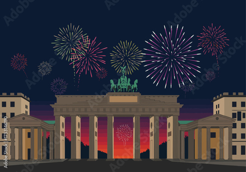 Vibrant fireworks illuminate the iconic Brandenburg Gate in Berlin, Germany, during a festive night celebration.