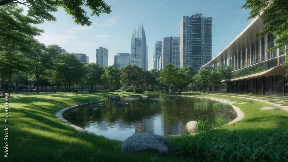 Obraz premium Urban park with pond and city skyline