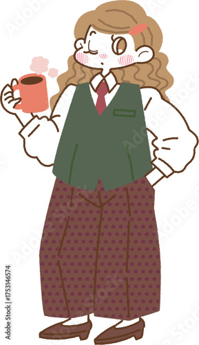 ハンサムコーデのベストとネクタイをした女の子のイラスト