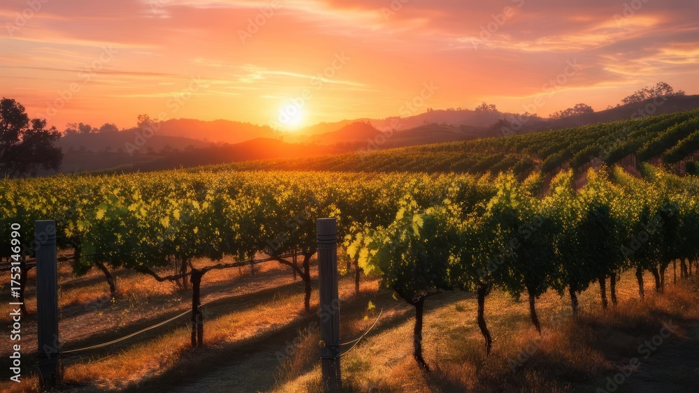 Fototapeta premium Vineyard landscape at sunset with rolling hills