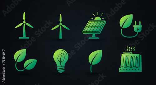 Green ecology icons set on a dark background, featuring renewable energy sources and sustainable practices for environmental conservation and awareness
