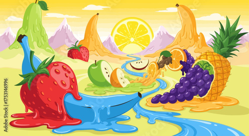 Colorful Fruit Landscape with Dripping Juices and Mountain Backdrop.