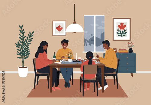 A diverse family enjoys a warm, cozy dinner together around a dining table, sharing food and conversation in a well-decorated room with Canadian maple leaf art.