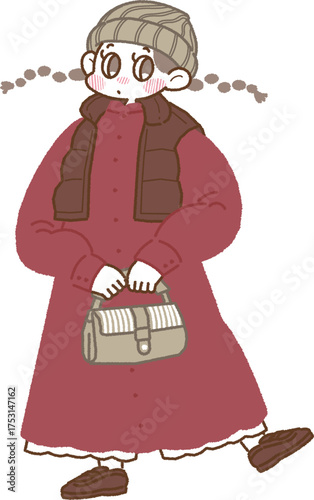 秋のお出かけファッションのワンピースを着た女の子のイラスト