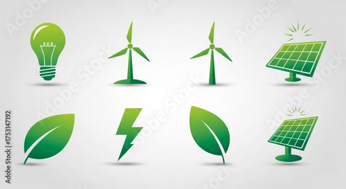 Green ecology icons set featuring renewable energy sources and sustainable practices for environmental conservation and awareness