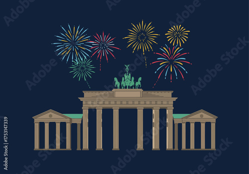 Vector illustration of the Brandenburg Gate with celebratory fireworks exploding in the night sky.