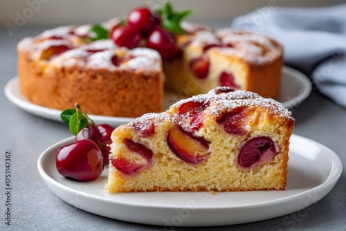 Wallpaper Mural Cherry plum cake slice with powdered sugar Torontodigital.ca