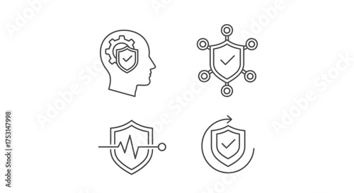 Vector illustration of security shield set of security line icons head with gear and shield, network shield, heartbeat shield, and rotating arrow shield