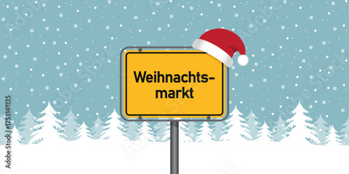 place sign with german word christmas market in snowy winter landscape vector illustration