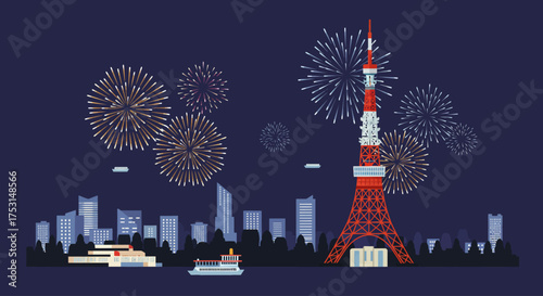 Illustration of Tokyo Tower with fireworks exploding in the night sky above the city skyline and boats on the water.