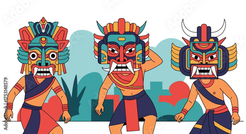 Colorful Illustration of Traditional Masks and Dancers.