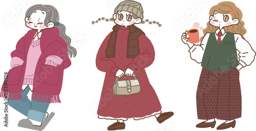 秋冬コーデのファッションの3人の女の子のイラスト