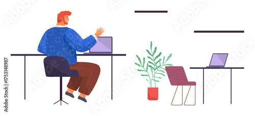 Office setting with a person working on a laptop, additional desk with another laptop, chairs, and a potted plant. Ideal for teamwork, productivity, remote work, office layout, modern furniture