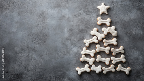 Bone-shaped dog biscuits forming a Christmas tree with a star on top, arranged on a dark gray background, creating a festive scene for pets during the holiday season. Banner, copy space, mock up