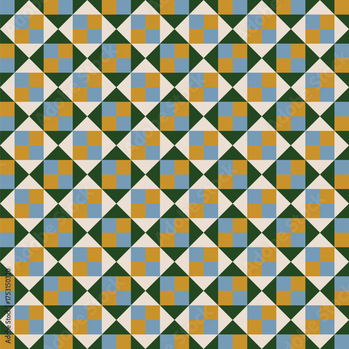 Pattern created from gold and blue squares and fawn and forest green triangles