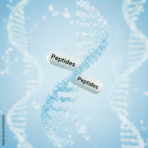 Peptides Capsule Breaking Into DNA Helix On Blue Molecular Background. Concept Of Anti-Aging Supplements, Skin Regeneration, Biotech Innovation, Health Science, And Modern Medical Visuals
