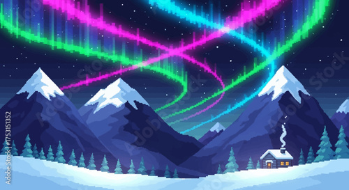 Cozy Cabin in a Snowy Mountain Landscape with Vibrant Aurora Borealis.