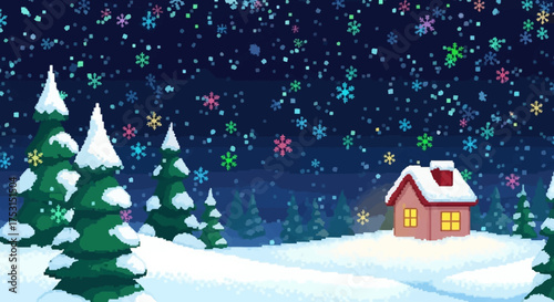 Cozy illuminated house in a snowy winter forest at night.