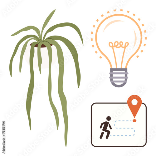 Hanging green plant, glowing lightbulb, and map with a person icon and destination pin. Ideal for creativity, growth, innovation, mindfulness, sustainability goal setting journey metaphor. Clean