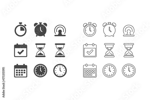Time management icon set with timer, alarm clocks, hourglass, calendar, schedule, deadline, and timekeeping symbols, vector illustration for productivity and planning concepts