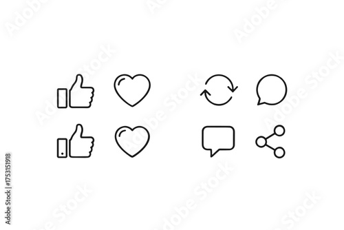 Social media icons vector set with thumbs up, hearts, chat bubbles, refresh and share symbols, digital connection and communication concept for online interaction