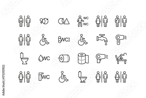 Toilet icons set, restroom signs collection, WC symbols, bathroom accessibility, gender neutral and disabled toilet symbols, water tap, toilet paper roll, hygiene and washroom vector icons