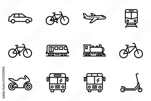 Transport icon set with car, bicycles, airplane, train, motorcycle, bus, scooter vector line symbols for travel, commuting, urban and city mobility concepts illustrated