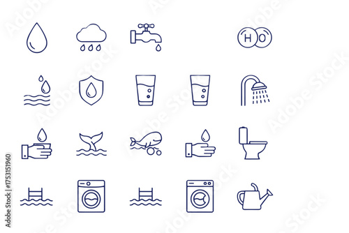 Water icon set including drop, rain, faucet, glass, shower, aquatic life, hygiene, washing machine, watering can, pool, and toilet symbols for water conservation and usage concepts