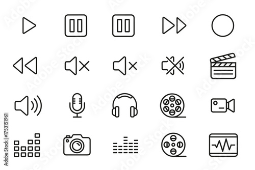 Editable vector icon set of video and audio media controls, playback buttons, sound and microphone symbols, film reels, camera, headphones, and equalizer for multimedia projects