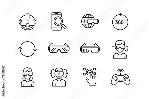 Virtual reality icons set with editable line art, VR goggles, augmented reality glasses, 360 degree view, interactive touch, gaming controller, futuristic digital technology symbols