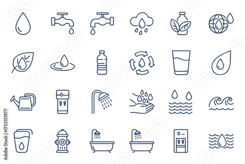 Water icon set with taps, droplets, bottles, recycling, shower, glass, waves and hydration symbols. Line and flat style vector collection for environmental, conservation, and water resource concepts.