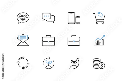 Business and communication icons set, minimalist vector symbols including handshake, chat bubbles, smartphones, shopping cart, envelope, briefcase, growth chart, recycling, and finance concepts