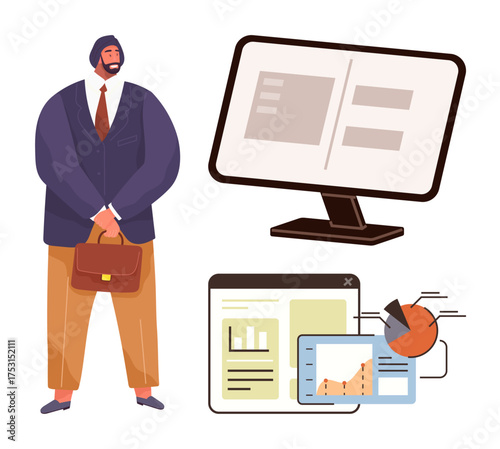 Businessman carrying briefcase, standing by computer monitor and data dashboards with graphs, charts. Ideal for business strategy, analytics, finance, technology, entrepreneurship, management simple