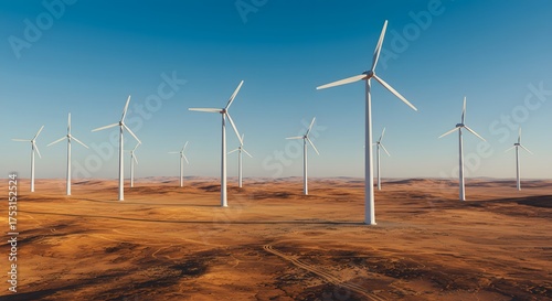 A desert plateau topped with futuristic wind turbines