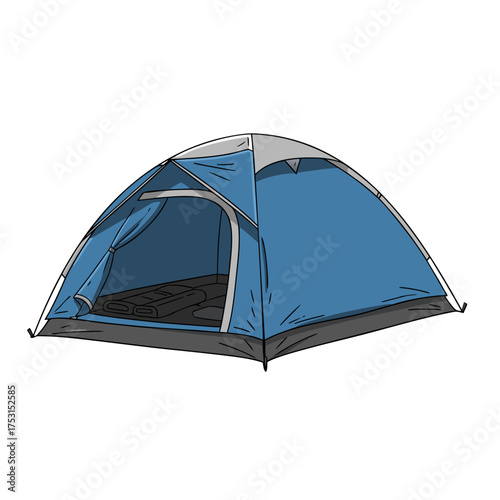A hand-drawn blue camping dome tent illustration for outdoor adventure and travel concepts