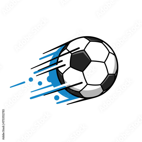 Dynamic illustration of a speeding soccer ball with blue motion blur and splatter effects