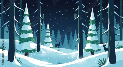Deer in a snowy forest at night with falling snow.