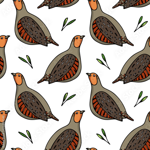 Vector seamless pattern with hand drawn cute Grey Partridges with green leaves. Beautiful illustration, ink drawing. Perfect for prints and patterns