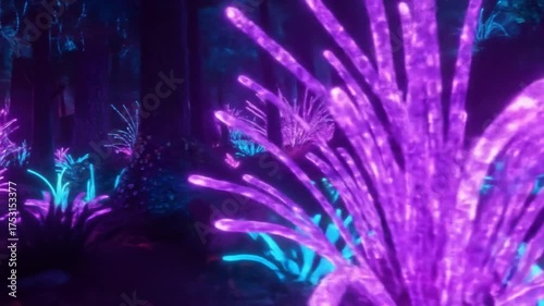 Enchanted Neon Forest with Glowing Bioluminescent Plants at Night.