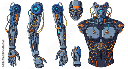 Detailed Cybernetic Body Parts and Robotic Components Illustration.