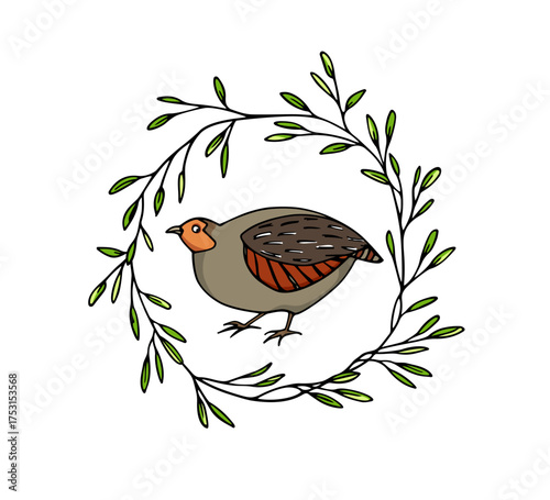 Vector card with hand drawn cute Grey Partridge  in graceful floral wreath. Beautiful animal design elements, ink drawing, logo template