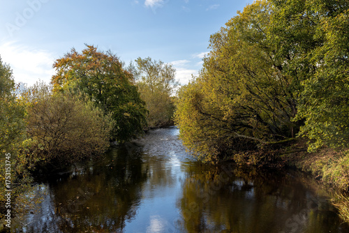 View of the River Allan at Bridge of Allan in Central Scotland on an Autumn Morning