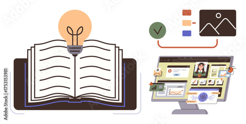 Open book with glowing bulb for ideas, computer showing content and task symbols. Ideal for education, creativity, research, innovation, digital learning, knowledge management collaboration. Simple