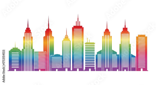 A vibrant and colorful skyline illustration featuring various buildings, rendered in a rainbow spectrum