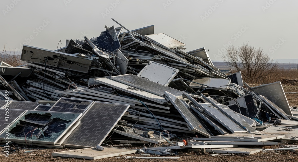 Naklejka premium Pile Of Damaged Solar Panels In A Dusty Field 